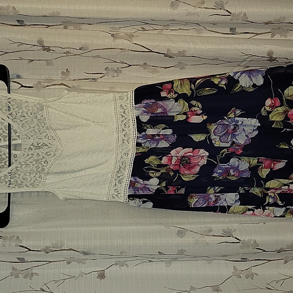 Floral Lace Dress with Navy Skirt